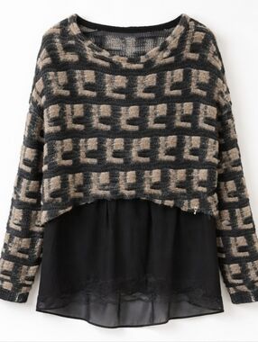 Italian Textured Knit Sweater Layered Hem Black Beige Statement Top M